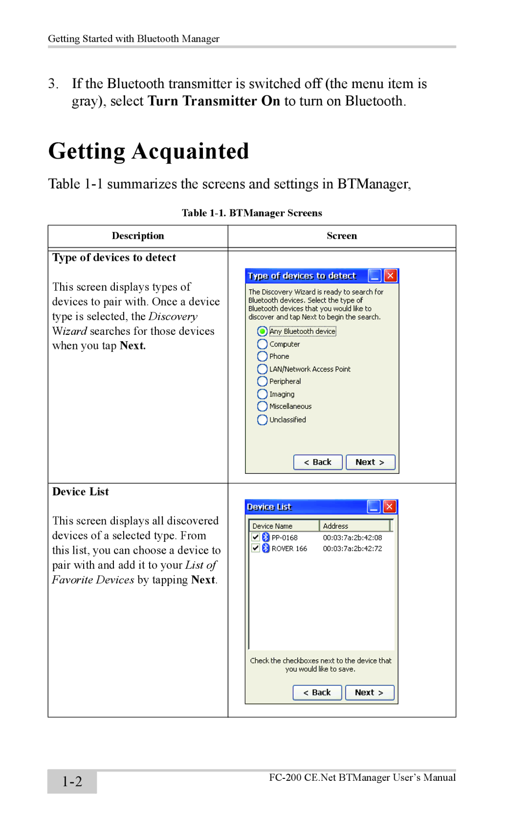 Topcon FC-200 with Windows CE5.0 instruction manual Getting Acquainted, Summarizes the screens and settings in BTManager 