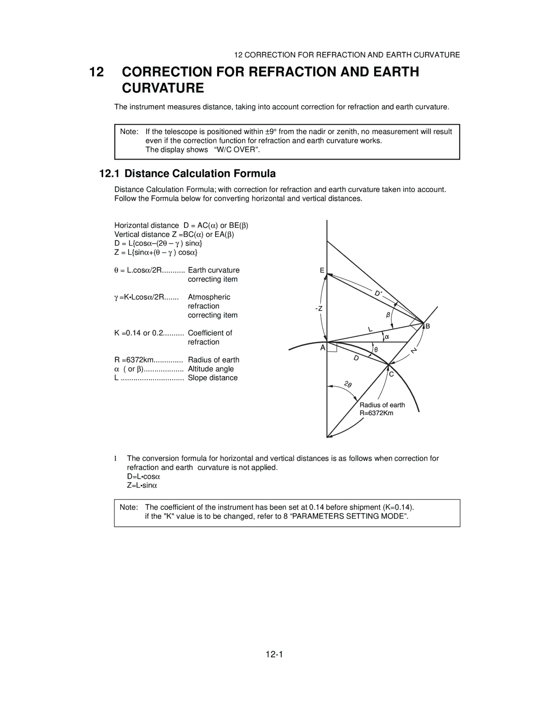 Topcon GTS-823A, GTS-825A, GTS-822A Correction for Refraction and Earth Curvature, Distance Calculation Formula 