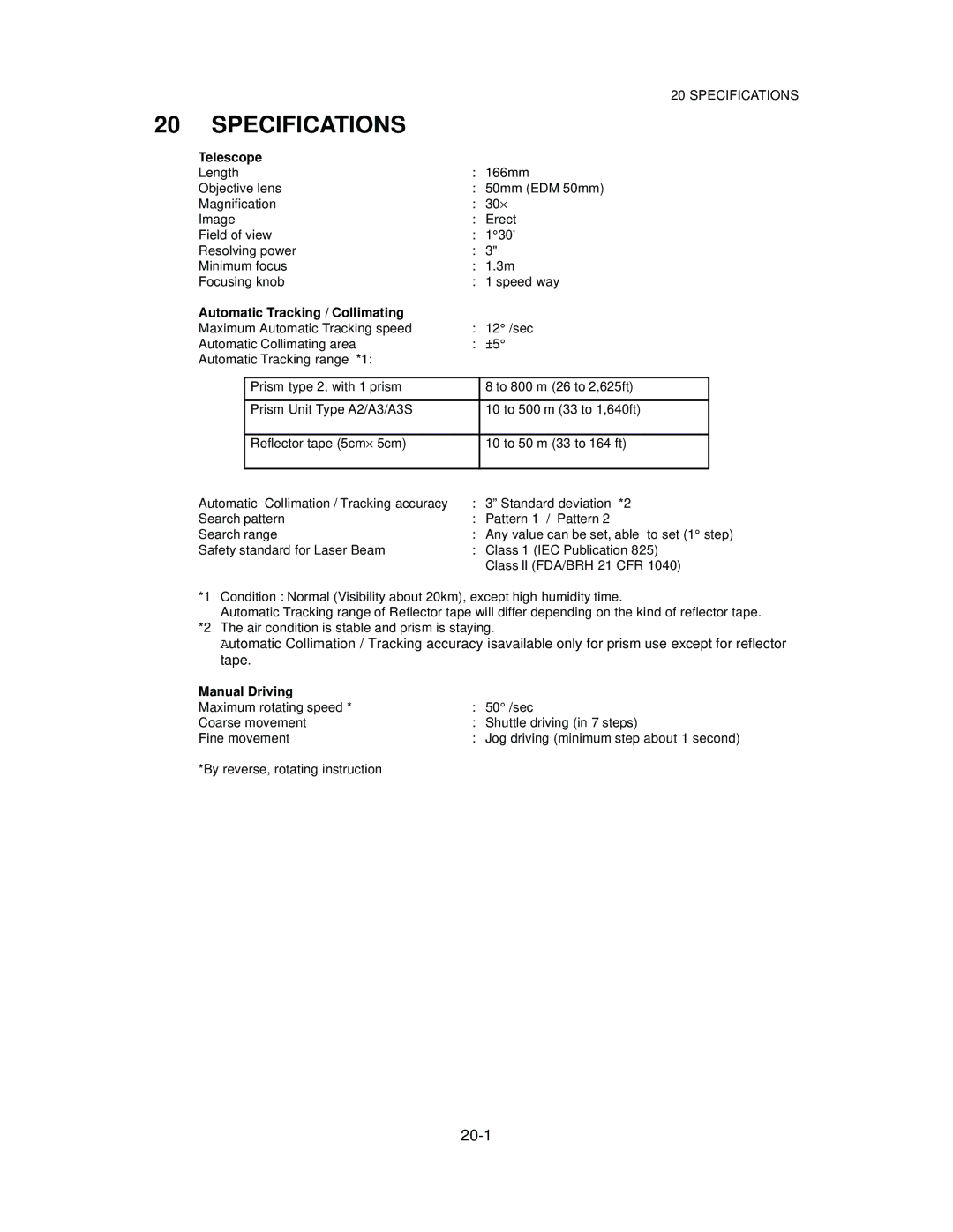 Topcon GTS-822A, GTS-825A, GTS-823A instruction manual Specifications, Automatic Tracking / Collimating, Manual Driving 