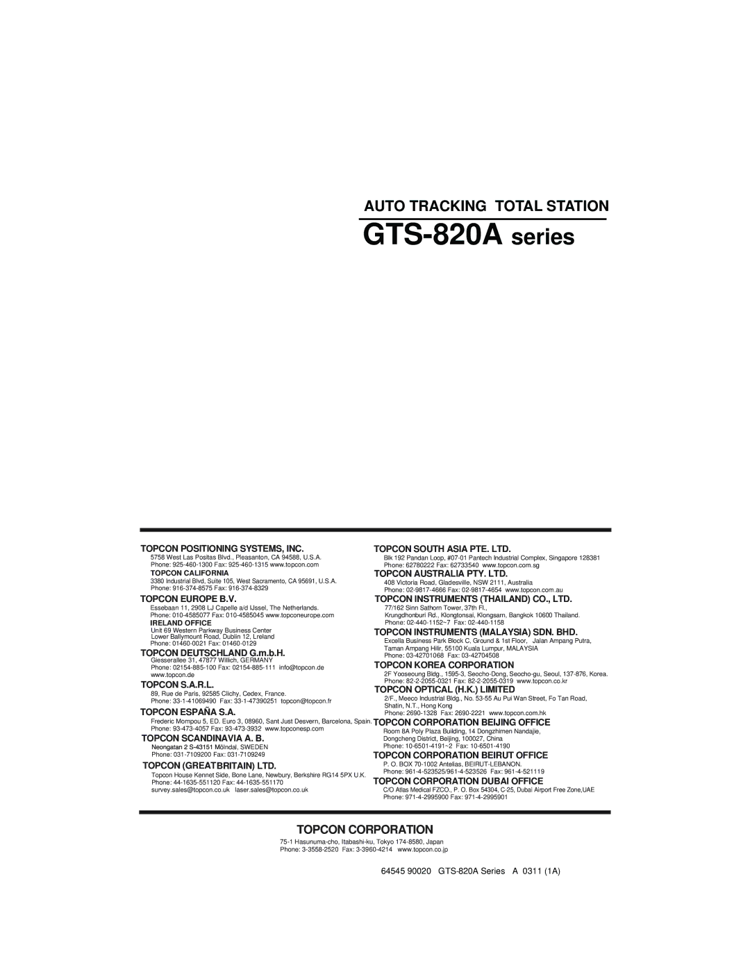 Topcon GTS-821A, GTS-822A, GTS-823A, GTS-825A instruction manual GTS-820A series 