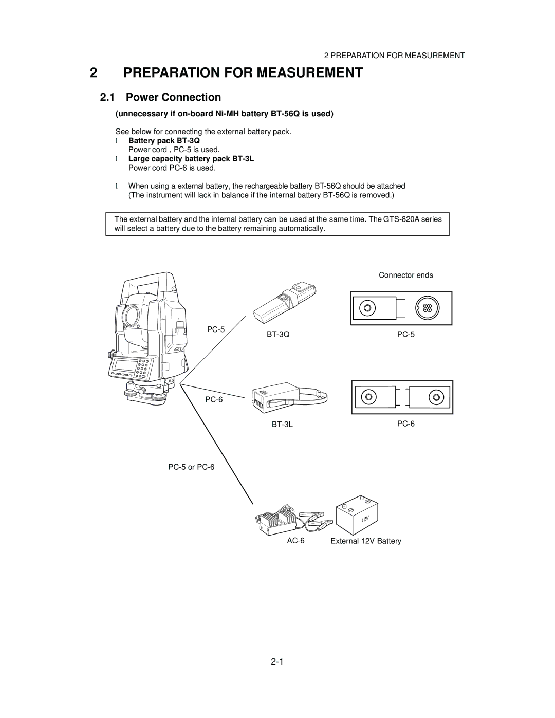 Topcon GTS-822A Preparation for Measurement, Power Connection, Unnecessary if on-board Ni-MH battery BT-56Q is used 