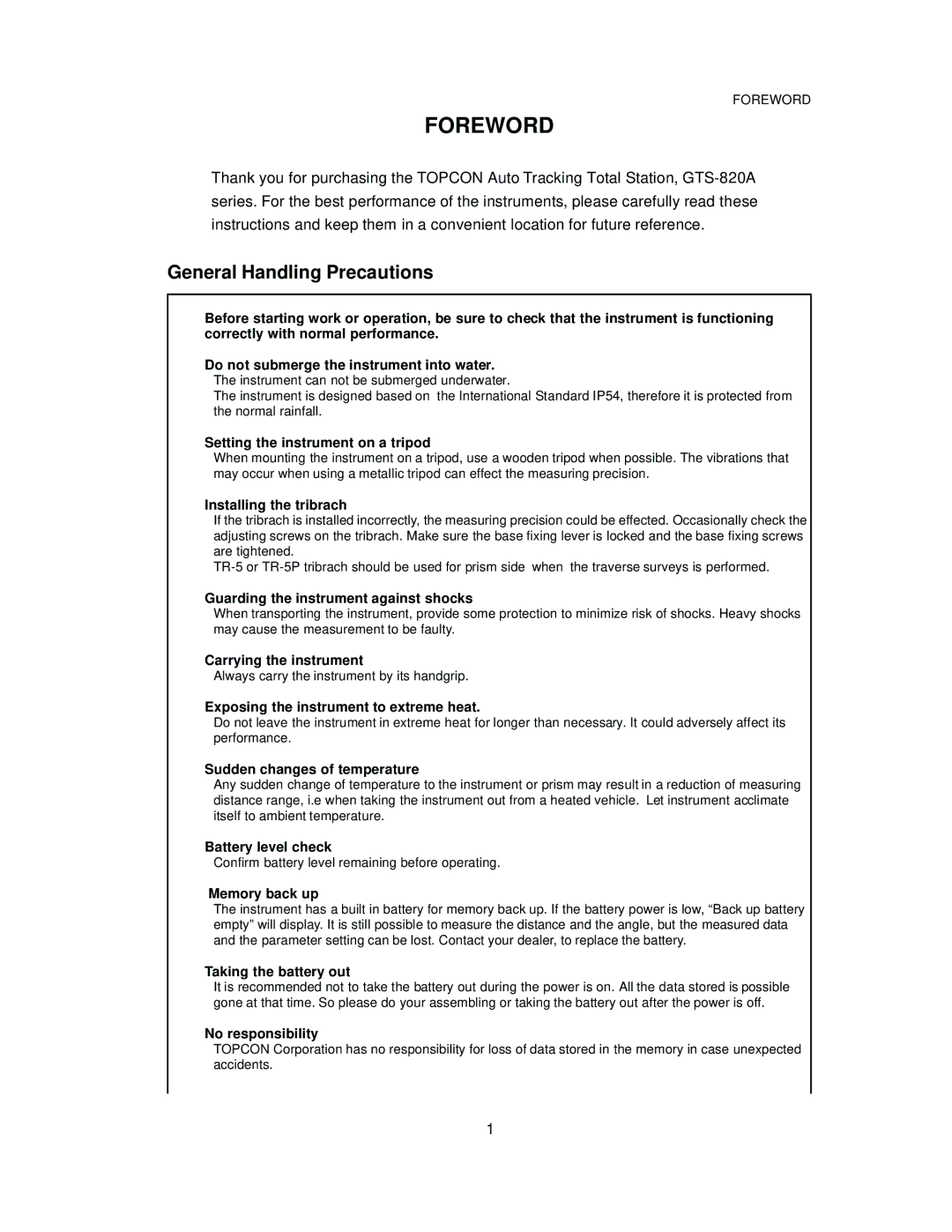 Topcon GTS-821A, GTS-822A, GTS-823A, GTS-825A instruction manual General Handling Precautions 