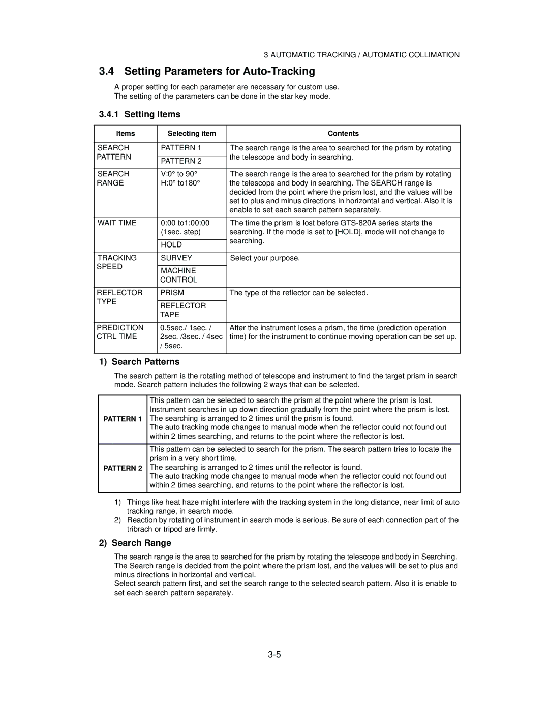 Topcon GTS-825A, GTS-822A, GTS-823A Setting Parameters for Auto-Tracking, Setting Items, Search Patterns, Search Range 