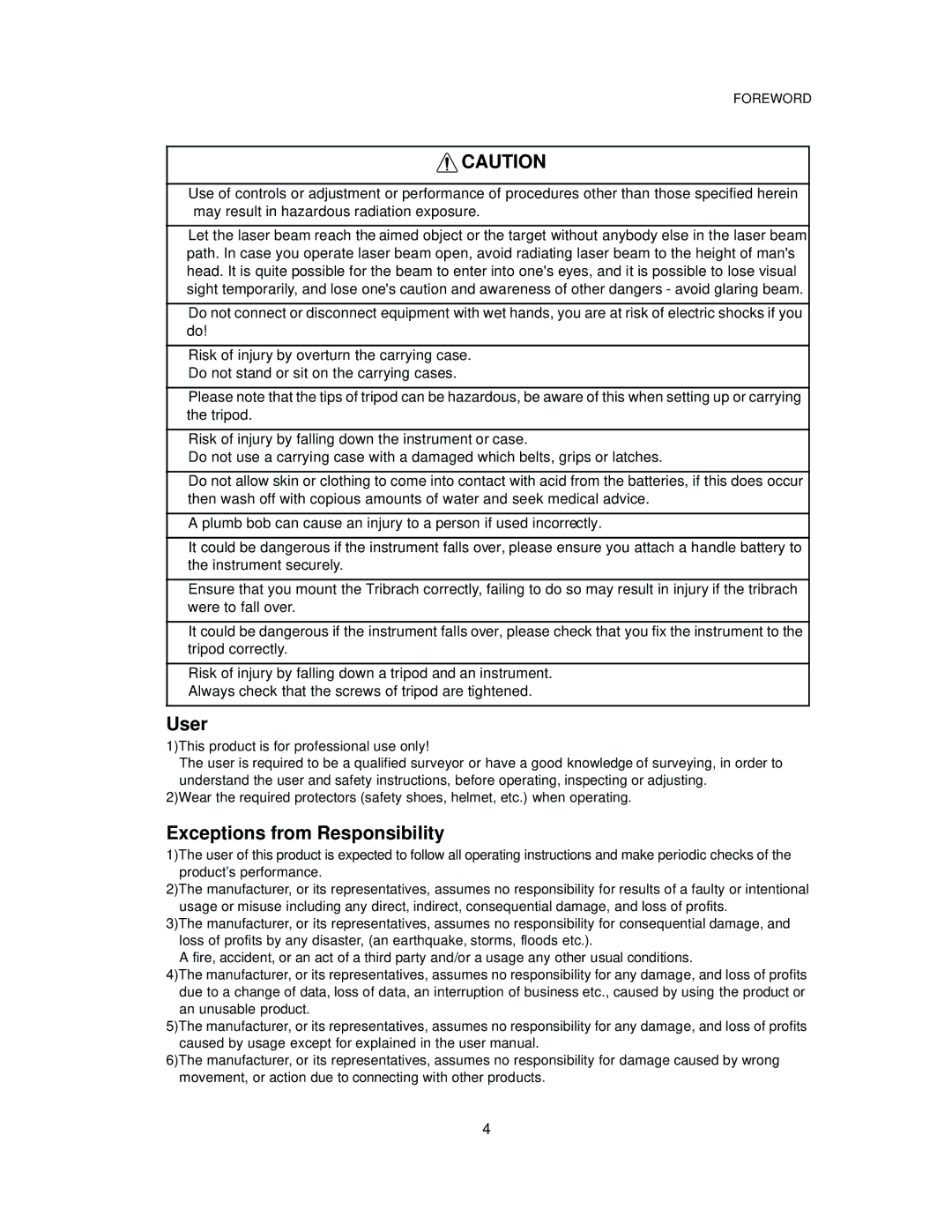 Topcon GTS-821A, GTS-822A, GTS-823A, GTS-825A instruction manual User, Exceptions from Responsibility 