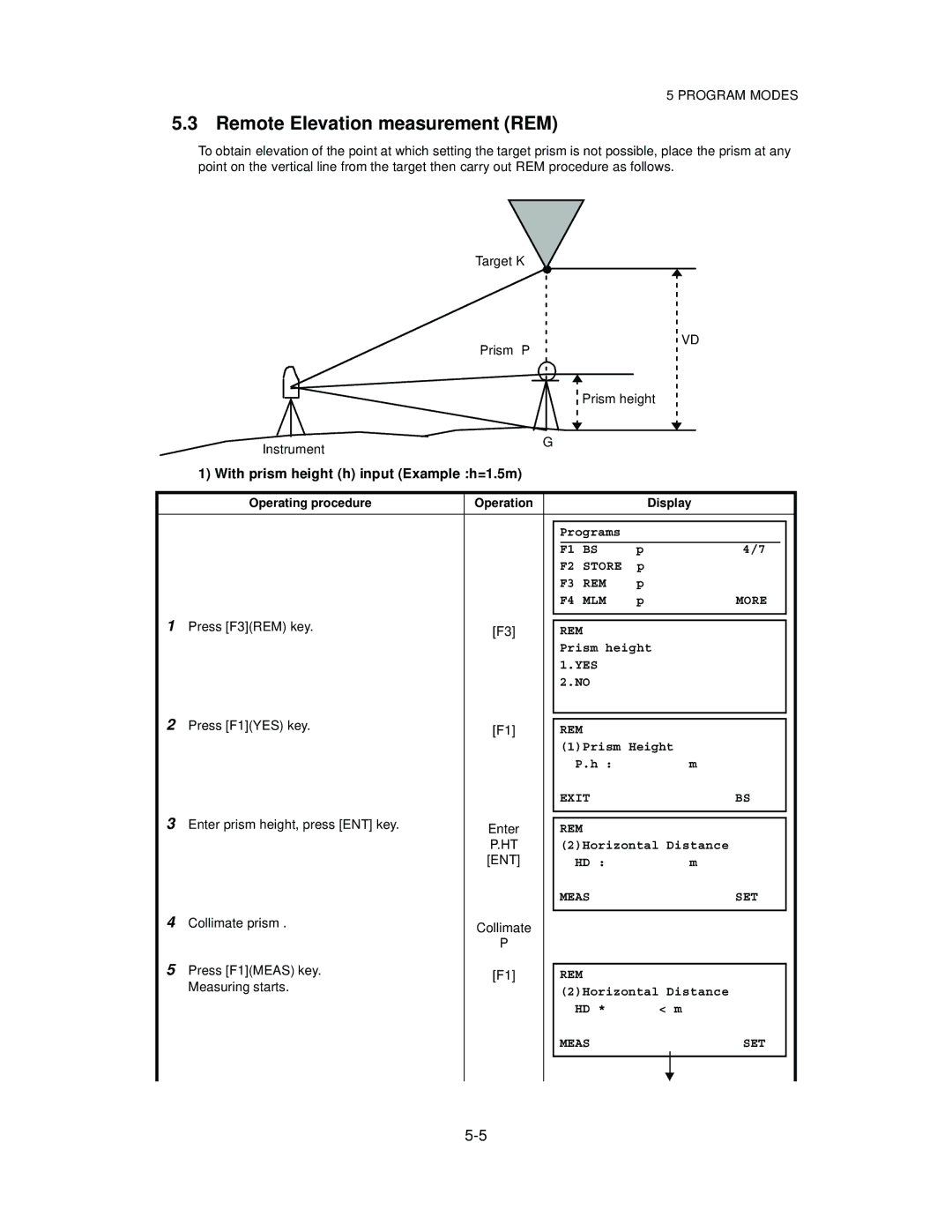 Topcon GTS-821A, GTS-822A, GTS-823A, GTS-825A Remote Elevation measurement REM, With prism height h input Example h=1.5m 