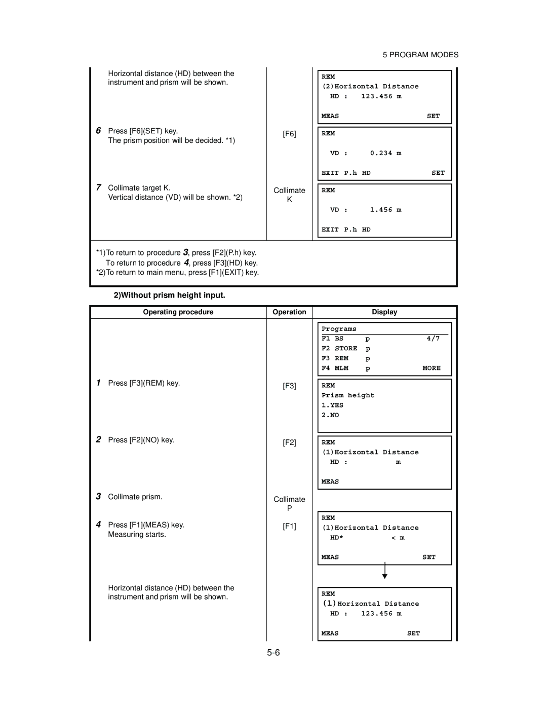 Topcon GTS-825A, GTS-822A 2Without prism height input, Measset REM, Press F2NO key, Horizontal distance HD between 