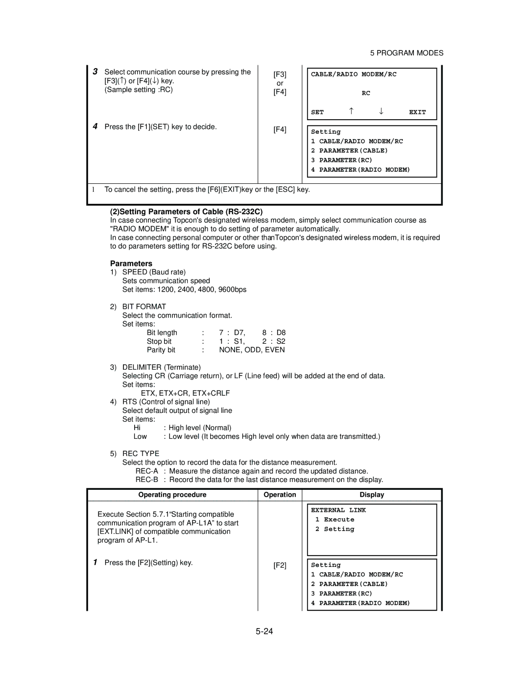 Topcon GTS-823A, GTS-825A, GTS-822A 2Setting Parameters of Cable RS-232C, CABLE/RADIO MODEM/RC SET ↑ ↓ Exit 