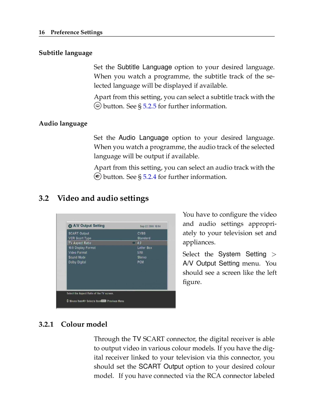 Topfield HV7700 HSCI manual Video and audio settings, Colour model 