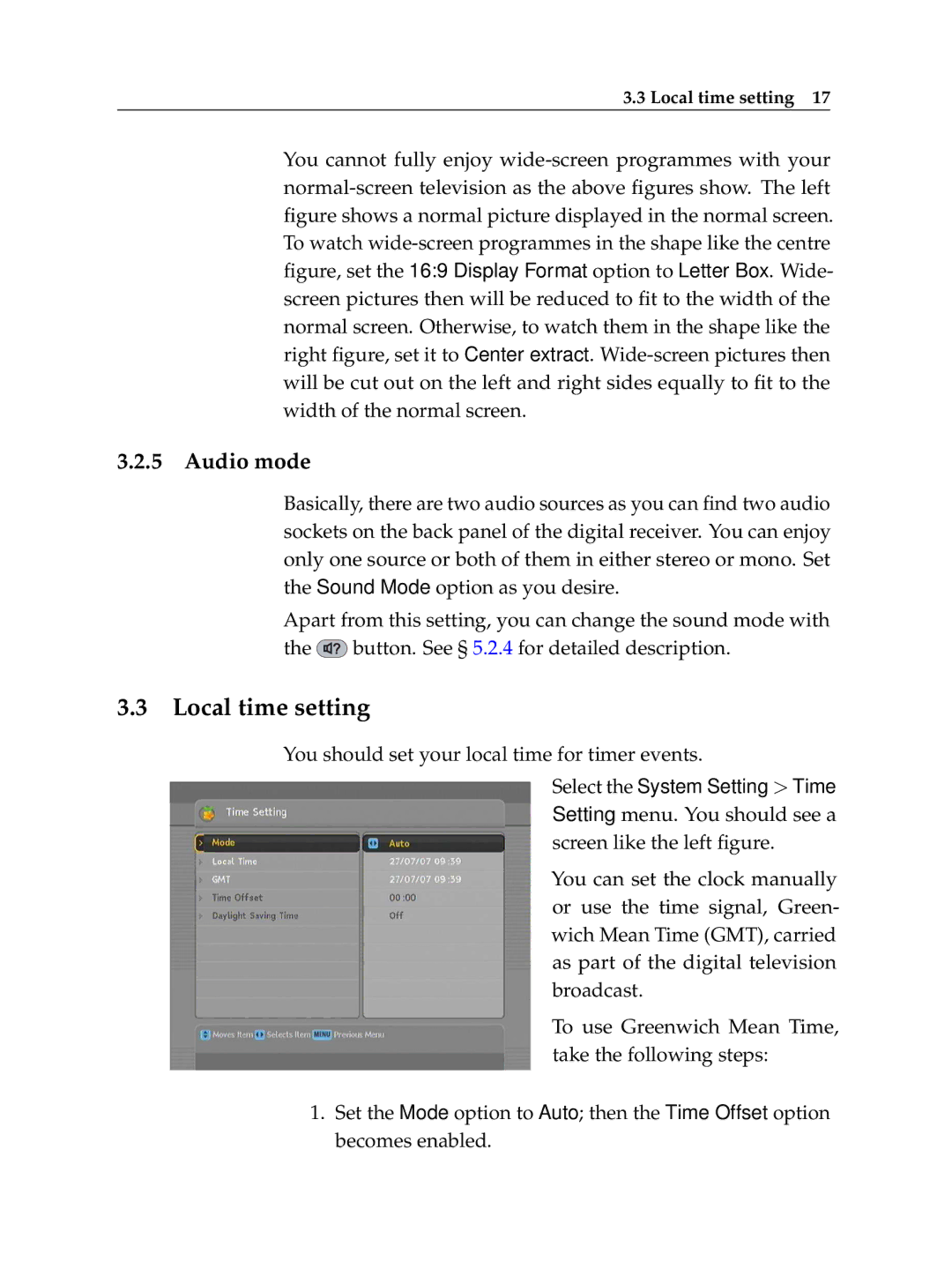 Topfield TF 100 C manual Local time setting, Audio mode 