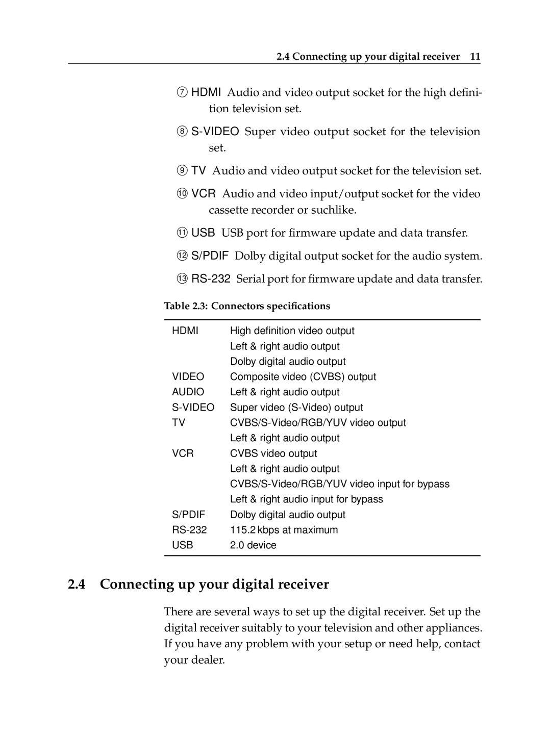 Topfield TF 500 PVRC manual Connecting up your digital receiver, Connectors speciﬁcations 