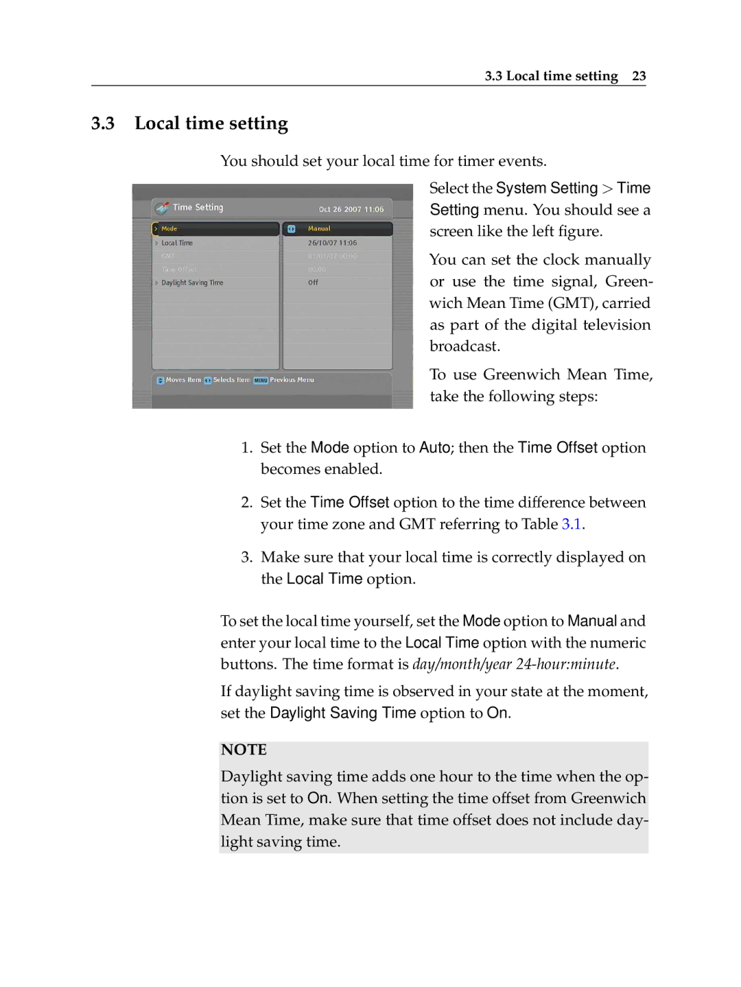 Topfield TF 500 PVRC manual Local time setting 