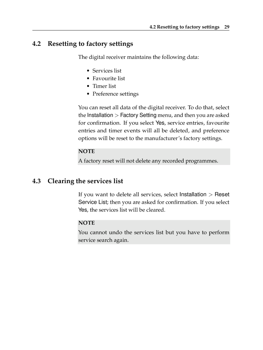 Topfield TF 500 PVRC manual Resetting to factory settings, Clearing the services list 