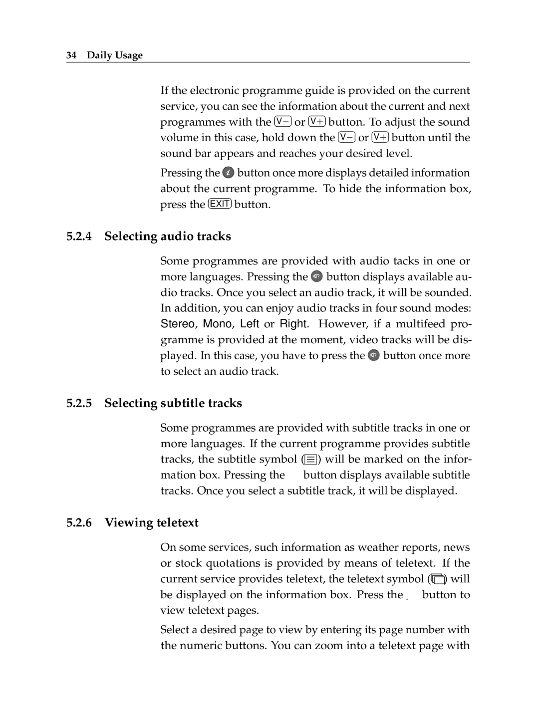 Topfield TF 500 PVRC manual Selecting audio tracks, Selecting subtitle tracks, Viewing teletext 