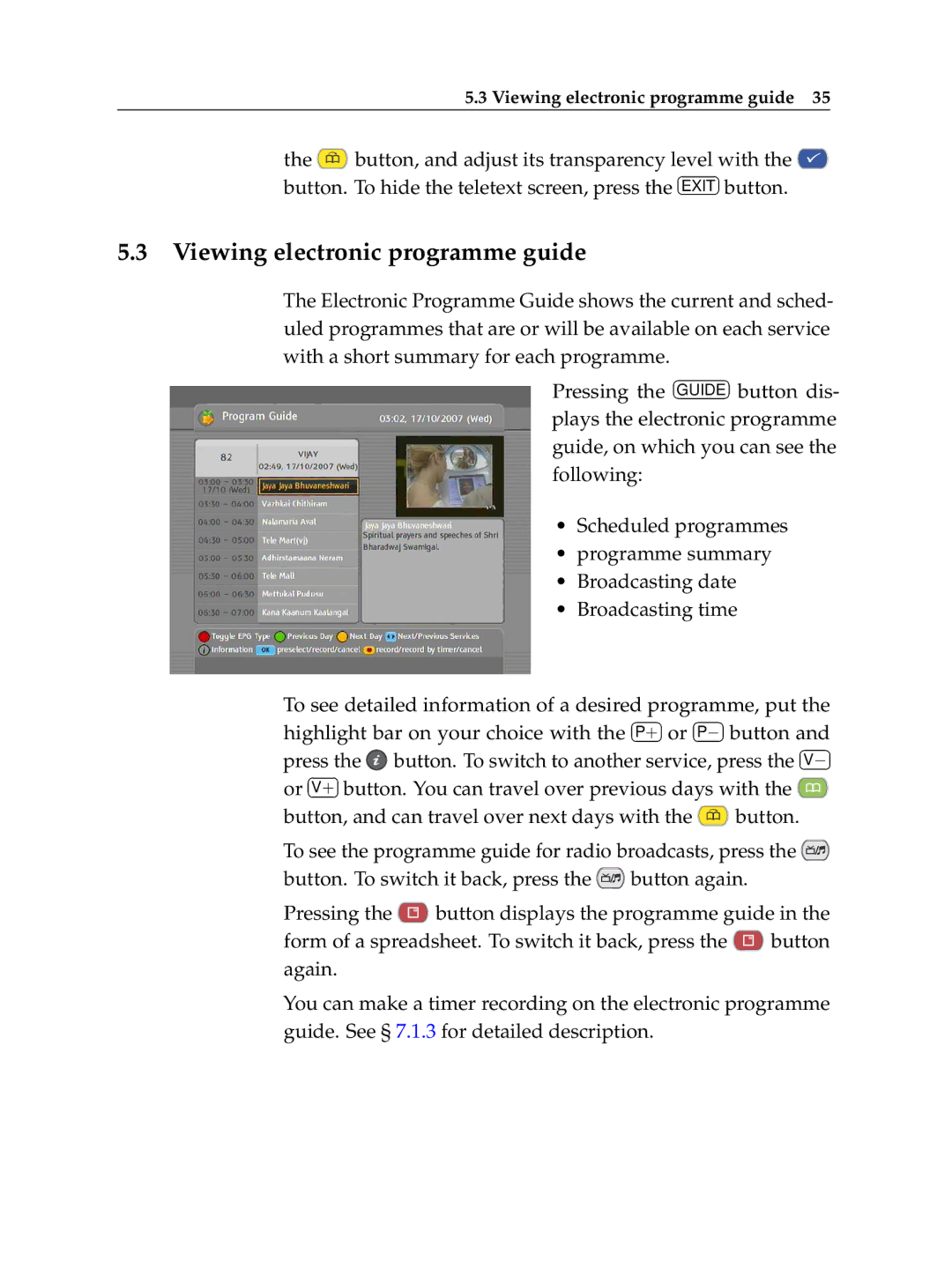 Topfield TF 500 PVRC manual Viewing electronic programme guide 