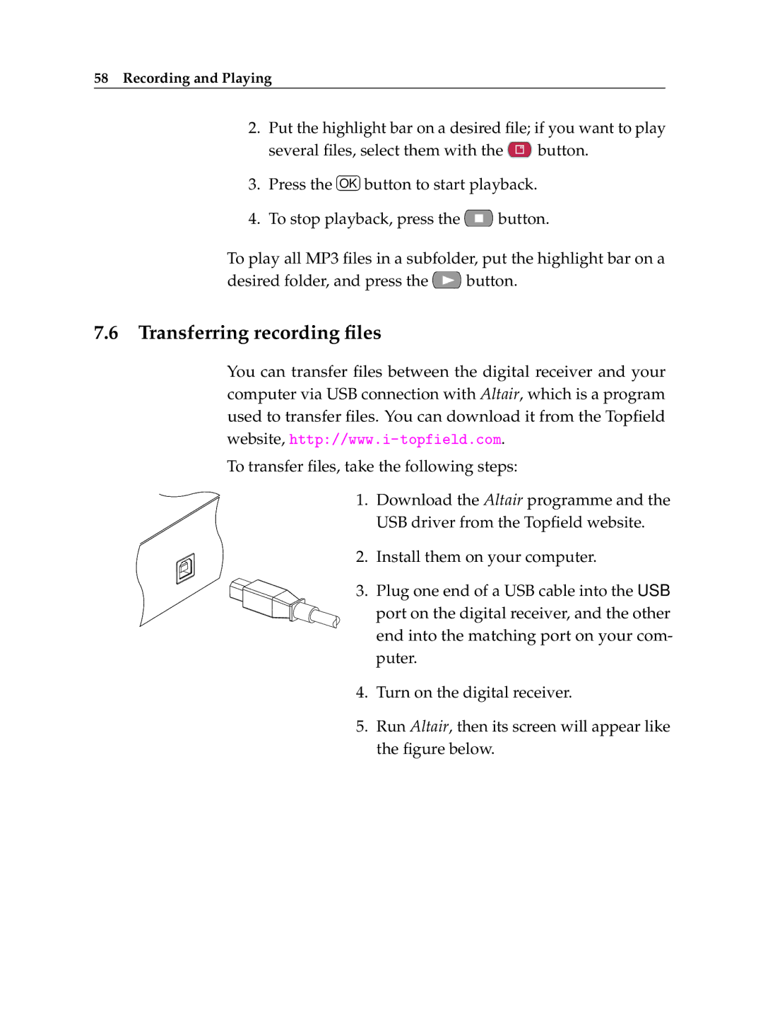 Topfield TF 500 PVRC manual Transferring recording ﬁles 