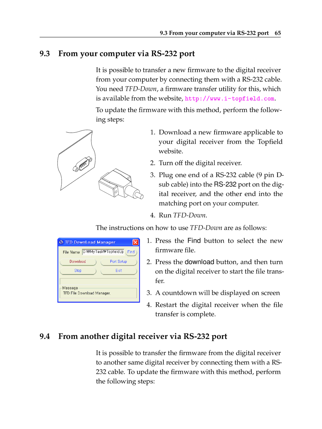 Topfield TF 500 PVRC manual From your computer via RS-232 port, From another digital receiver via RS-232 port 