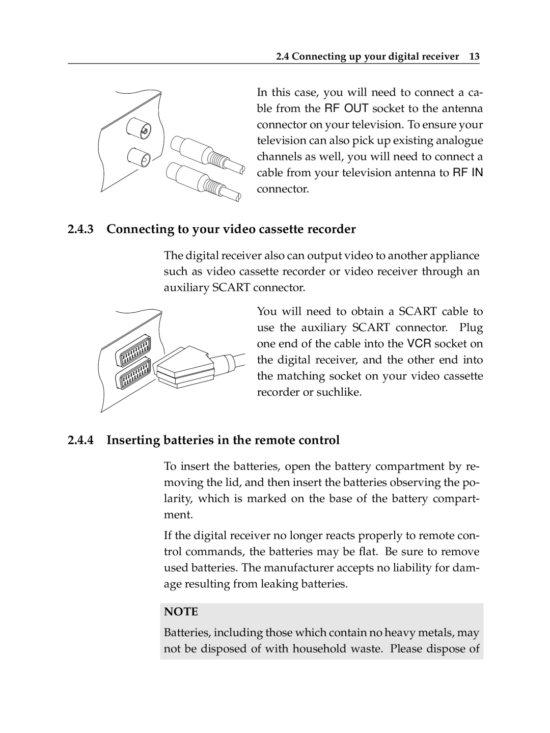 Topfield TF 5100 CI, TF 5000 CI manual Connecting to your video cassette recorder, Inserting batteries in the remote control 