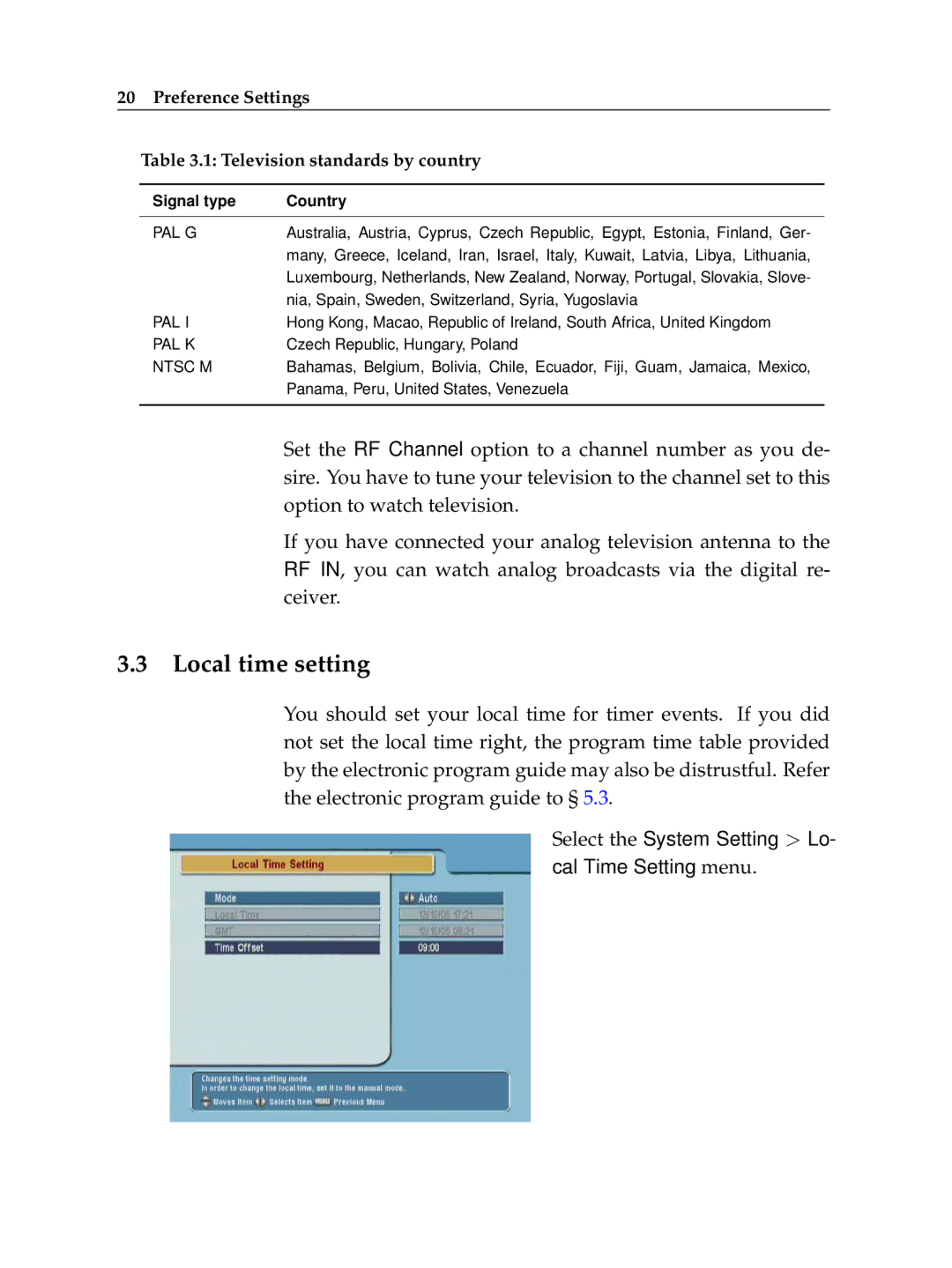 Topfield TF 5000 CI, TF 5100 CI manual Local time setting, Preference Settings Television standards by country 