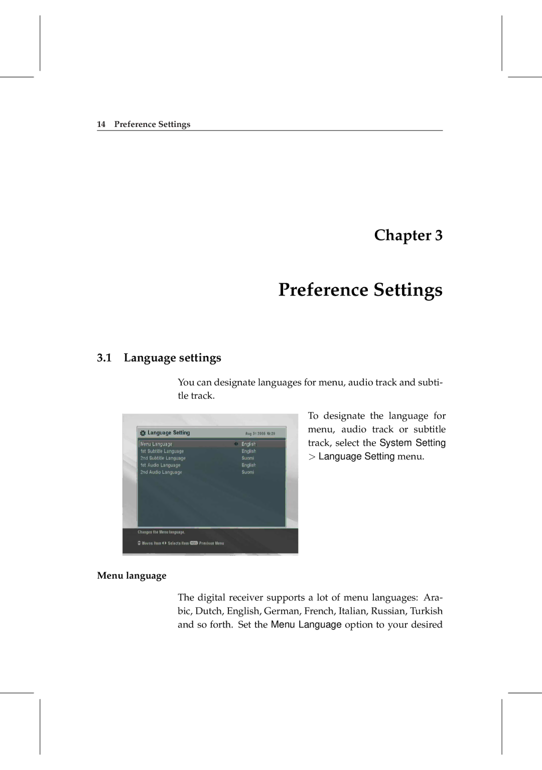 Topfield TF 5000 manual Preference Settings, Language settings, Menu language 