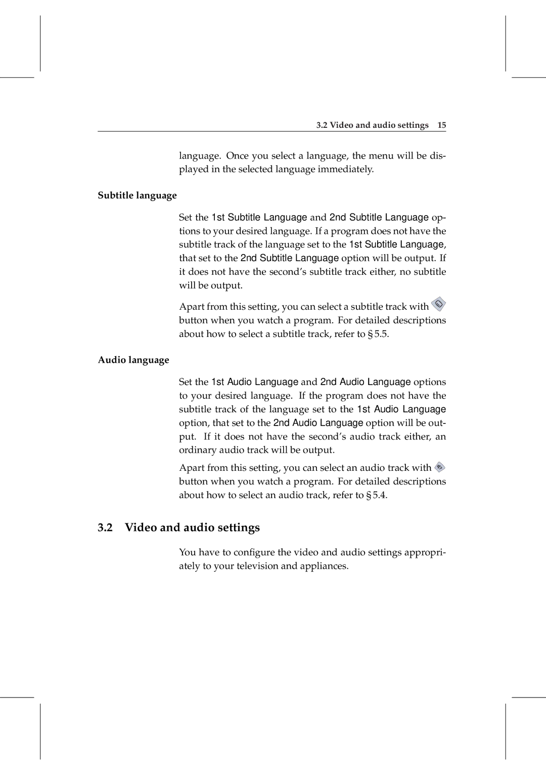 Topfield TF 5000 manual Video and audio settings, Subtitle language, Audio language 