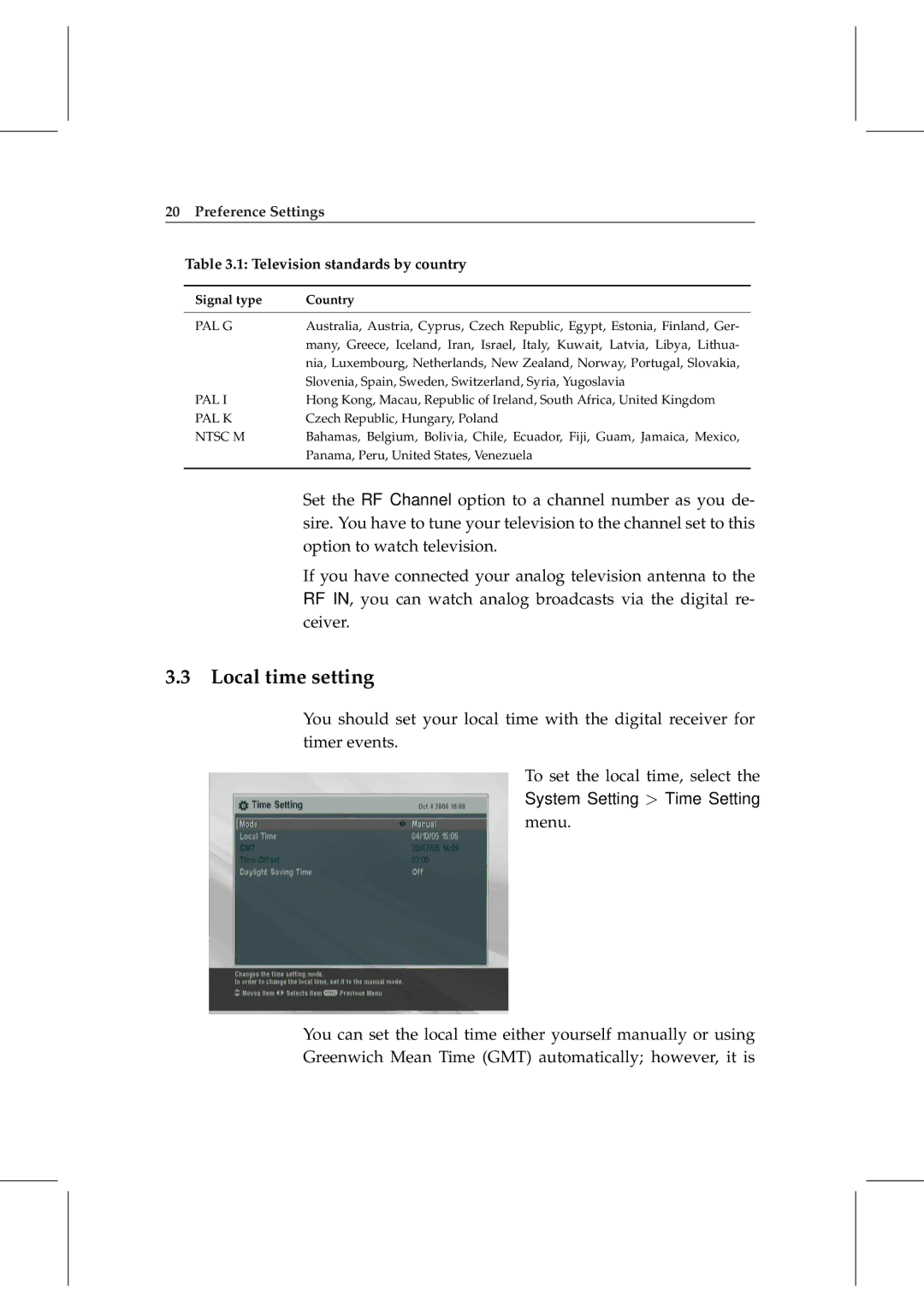 Topfield TF 5000 manual Local time setting, Preference Settings Television standards by country 