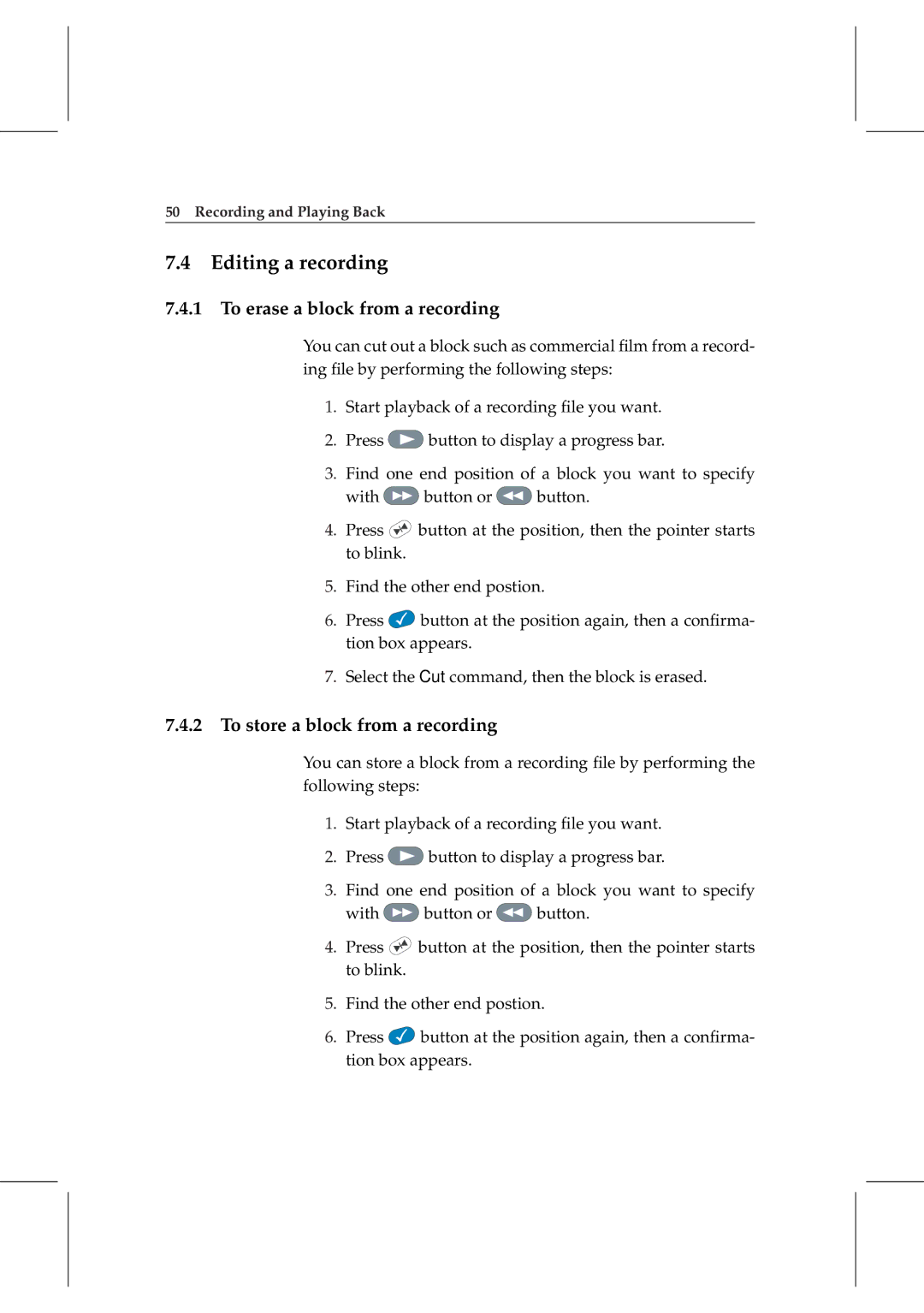 Topfield TF 5000 manual Editing a recording, To erase a block from a recording, To store a block from a recording 