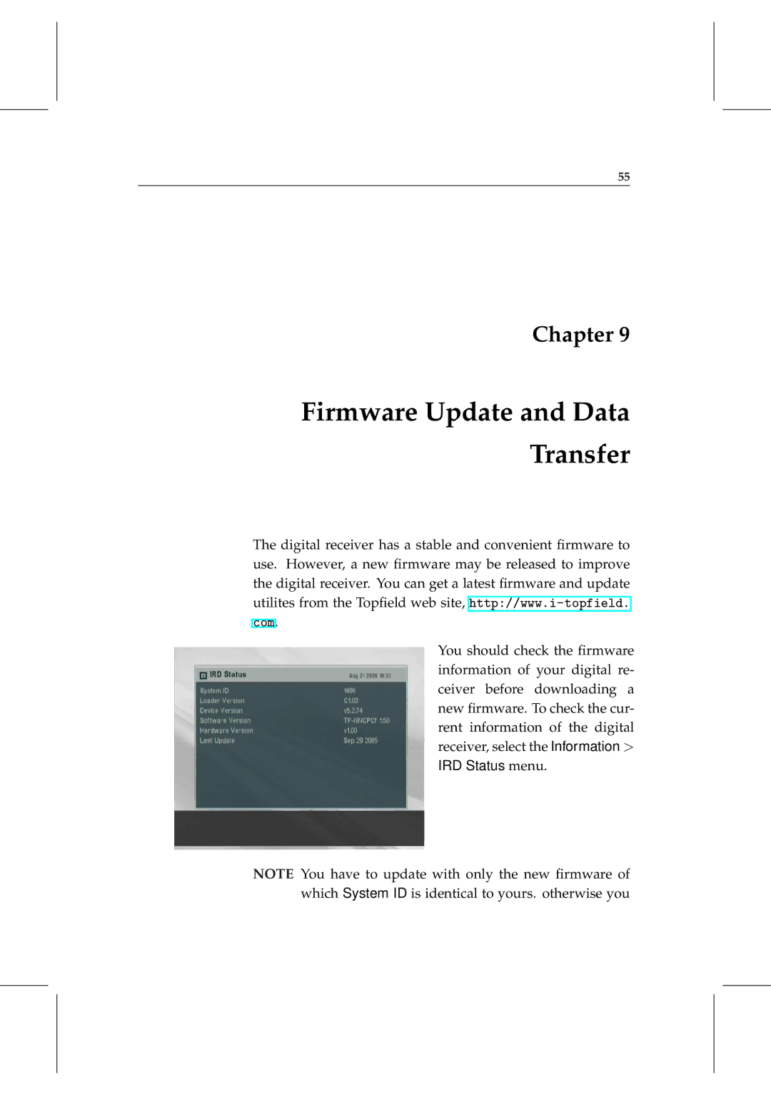 Topfield TF 5000 manual Firmware Update and Data Transfer 