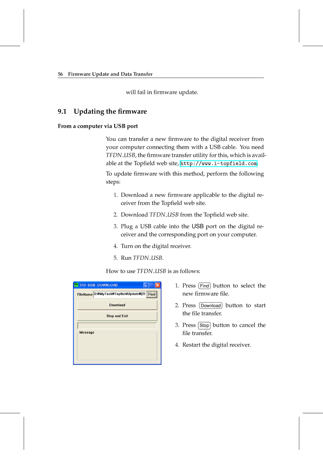 Topfield TF 5000 manual Updating the ﬁrmware, From a computer via USB port 