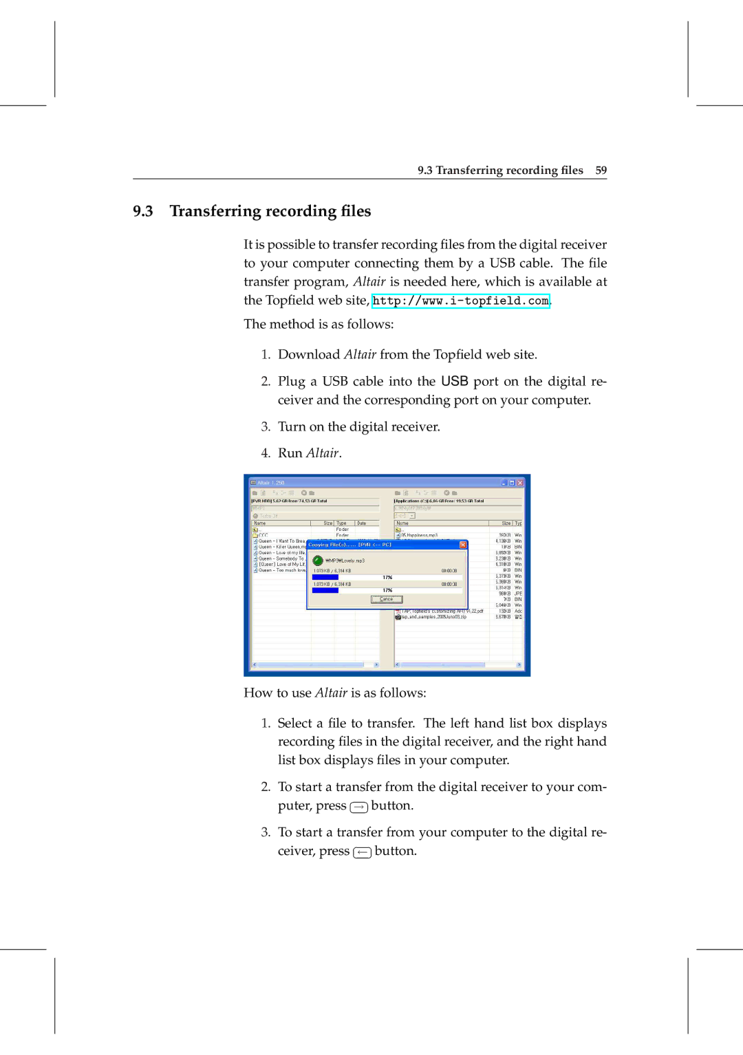 Topfield TF 5000 manual Transferring recording ﬁles, Run Altair 