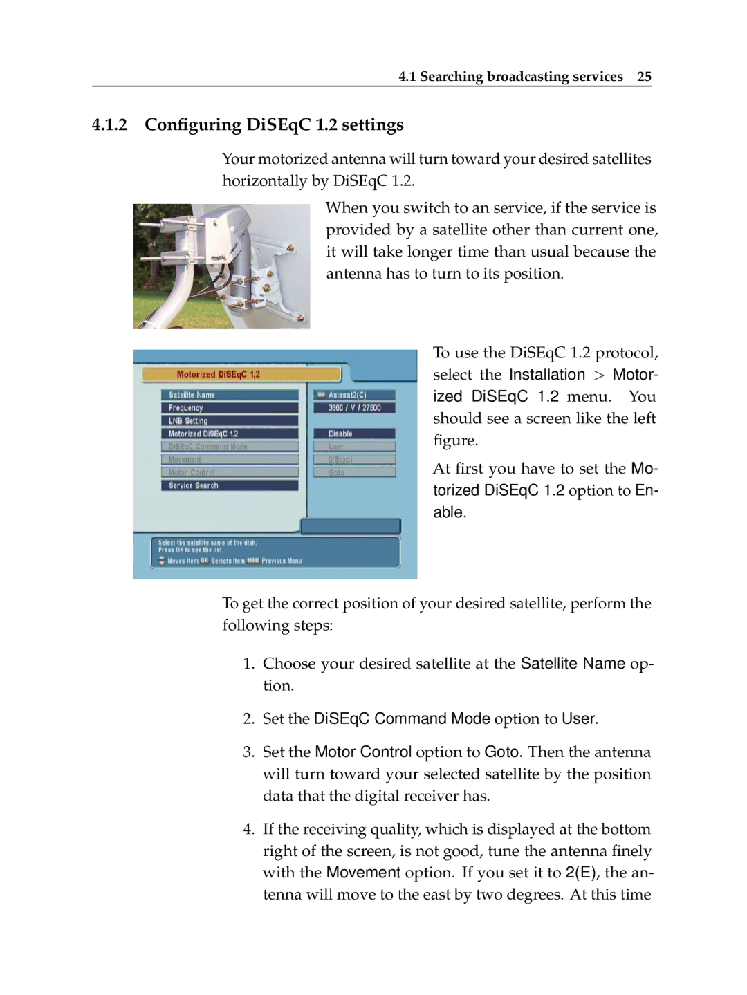 Topfield TF 5050 CI manual 2 Conﬁguring DiSEqC 1.2 settings 