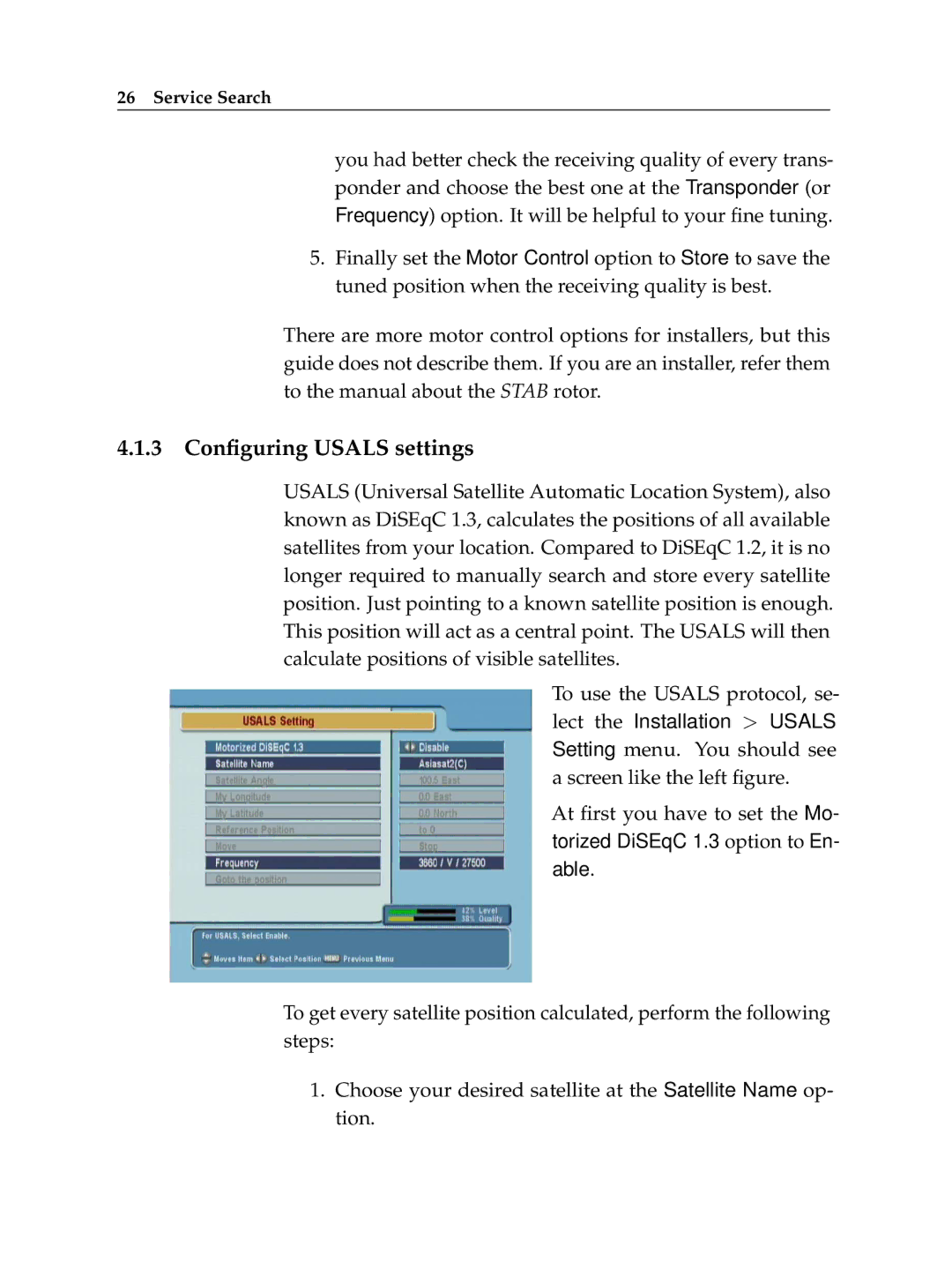 Topfield TF 5050 CI manual 3 Conﬁguring Usals settings 