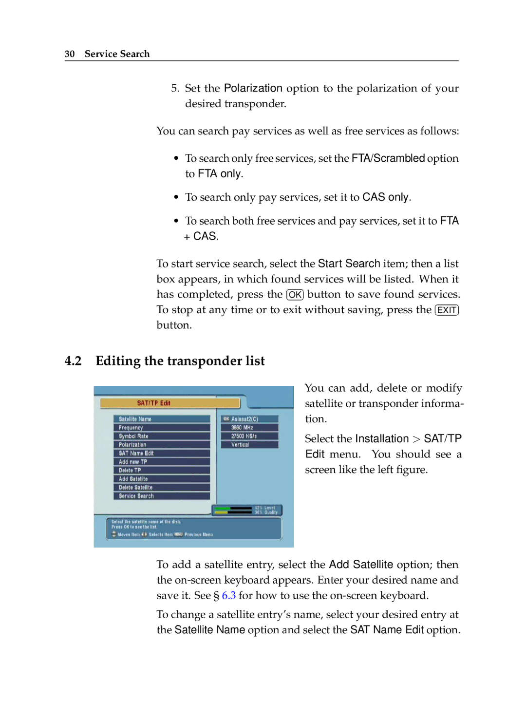 Topfield TF 5050 CI manual Editing the transponder list 