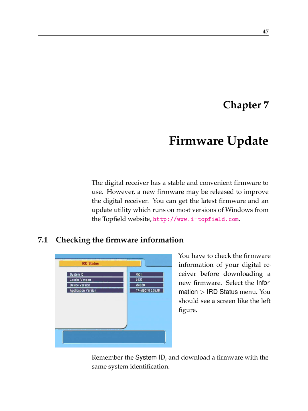 Topfield TF 5050 CI manual Firmware Update, Checking the ﬁrmware information 