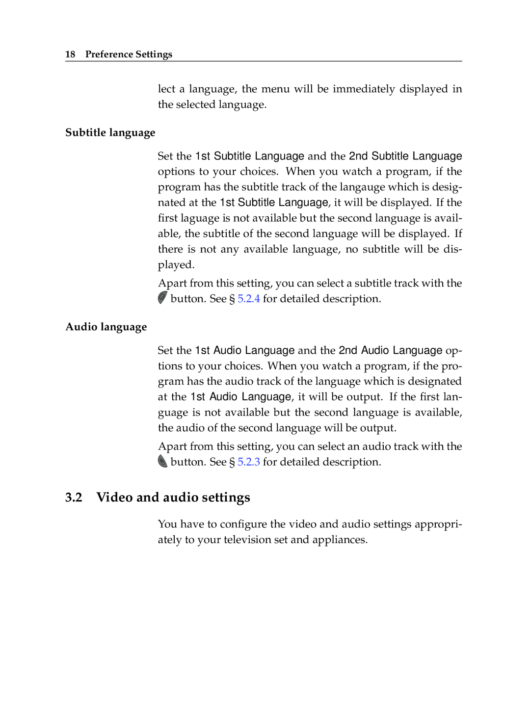 Topfield TF 5100 PVR manual Video and audio settings, Subtitle language, Audio language 