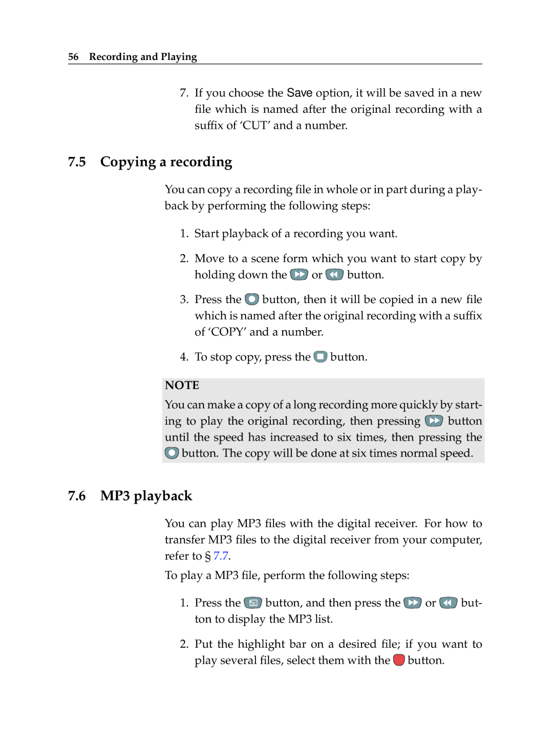 Topfield TF 5100 PVR manual Copying a recording, MP3 playback 