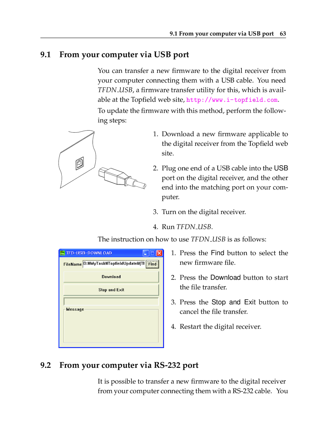 Topfield TF 5100 PVR manual From your computer via USB port, From your computer via RS-232 port 