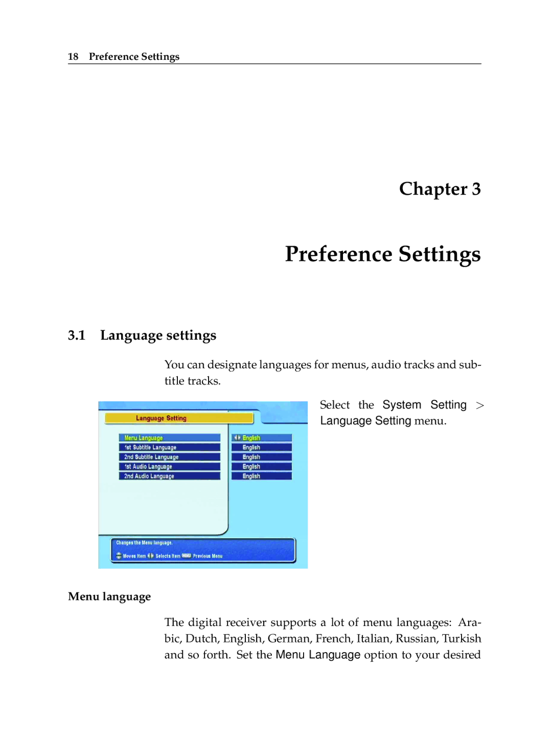 Topfield TF 5400 PVR manual Preference Settings, Language settings 