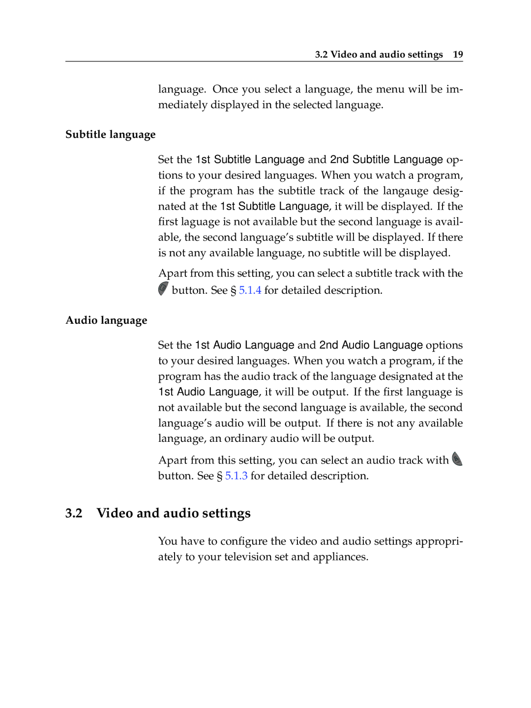 Topfield TF 5400 PVR manual Video and audio settings, Subtitle language 