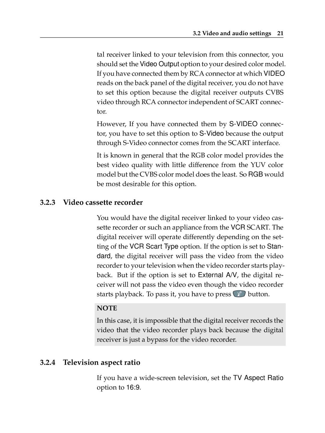 Topfield TF 5400 PVR manual Video cassette recorder, Television aspect ratio 