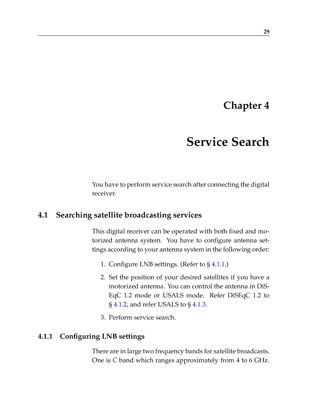 Topfield TF 5400 PVR manual Service Search, Searching satellite broadcasting services, 1 Conﬁguring LNB settings 