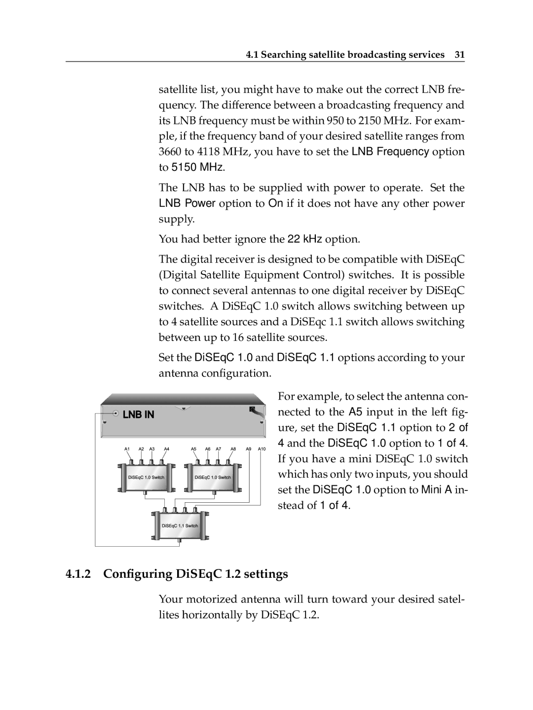 Topfield TF 5400 PVR manual 2 Conﬁguring DiSEqC 1.2 settings 