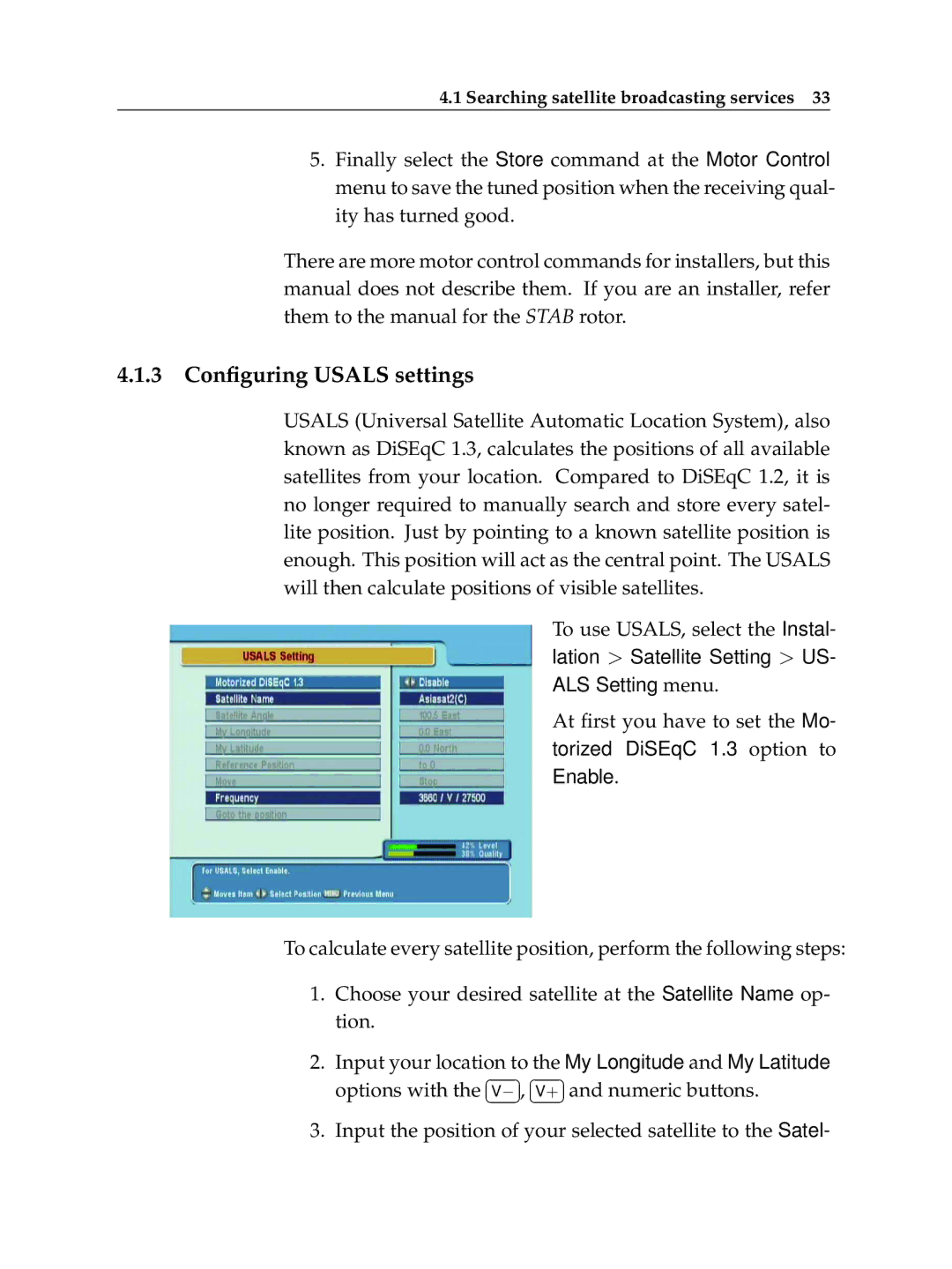 Topfield TF 5400 PVR manual 3 Conﬁguring Usals settings 