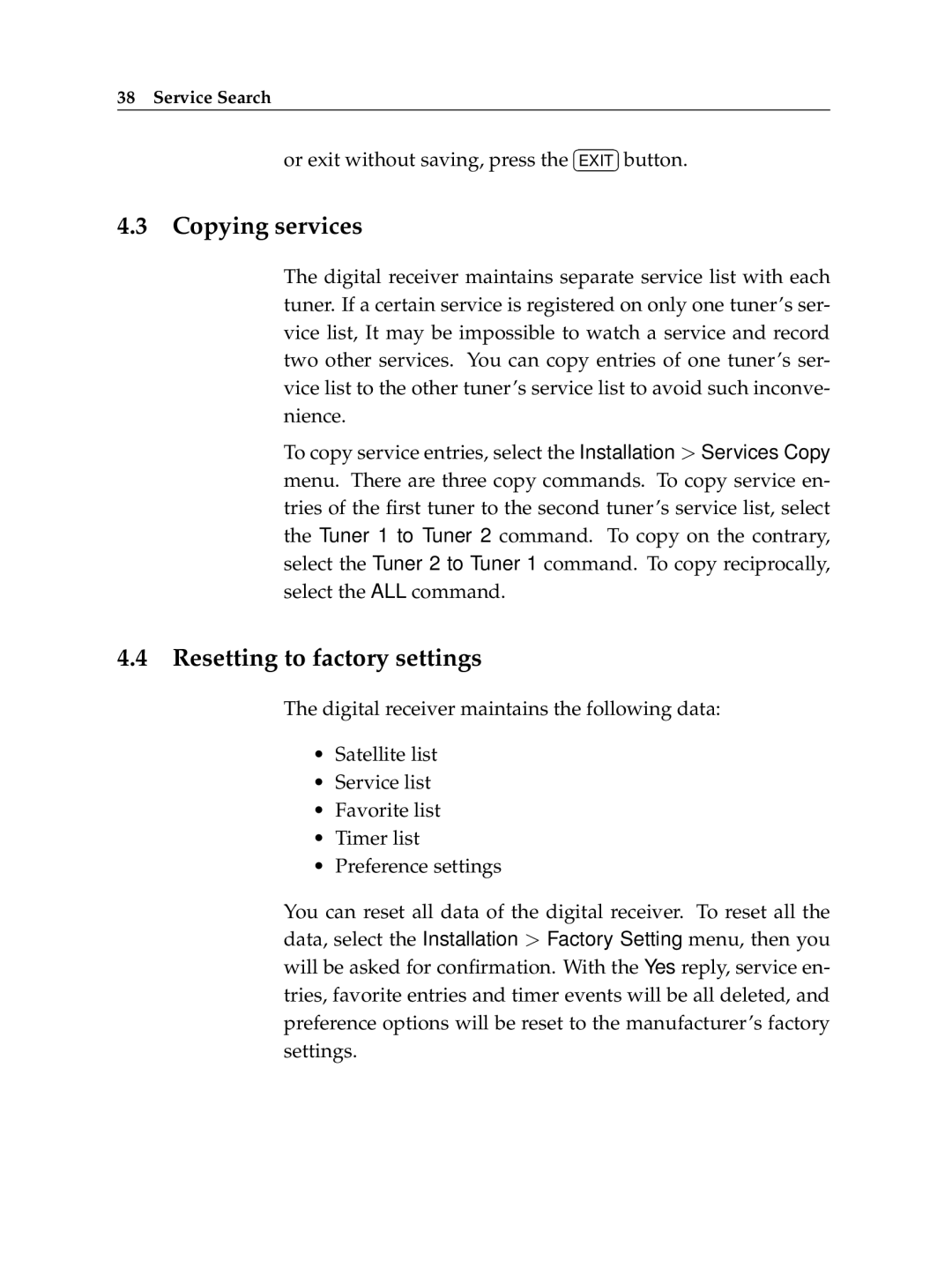 Topfield TF 5400 PVR manual Copying services, Resetting to factory settings 