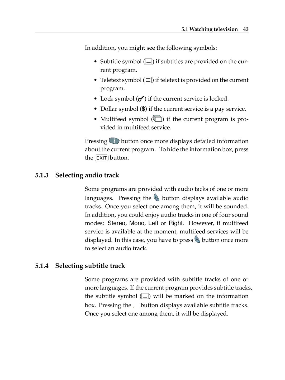 Topfield TF 5400 PVR manual Selecting audio track, Selecting subtitle track 