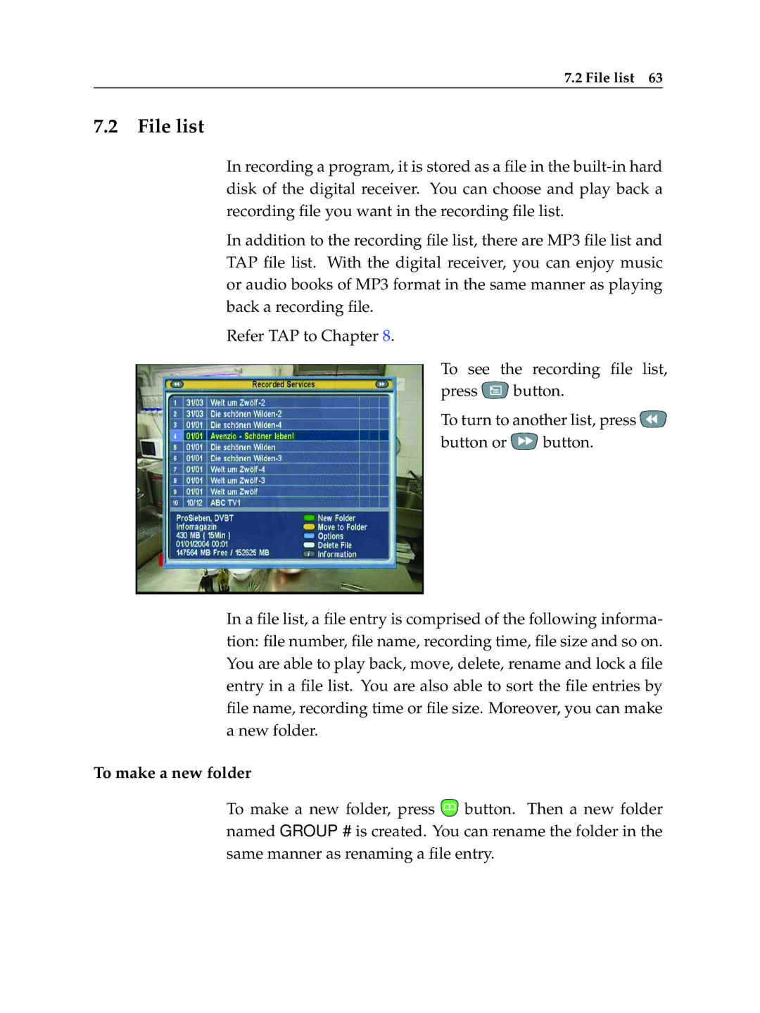 Topfield TF 5400 PVR manual File list, To make a new folder 