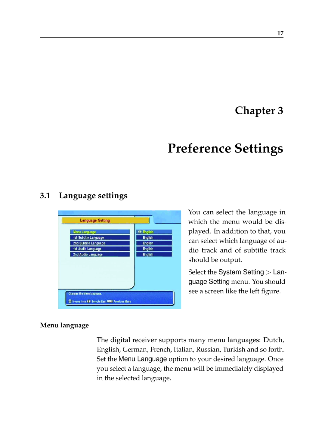 Topfield TF 5010 PVR, TF 5510 PVR manual Preference Settings, Language settings 