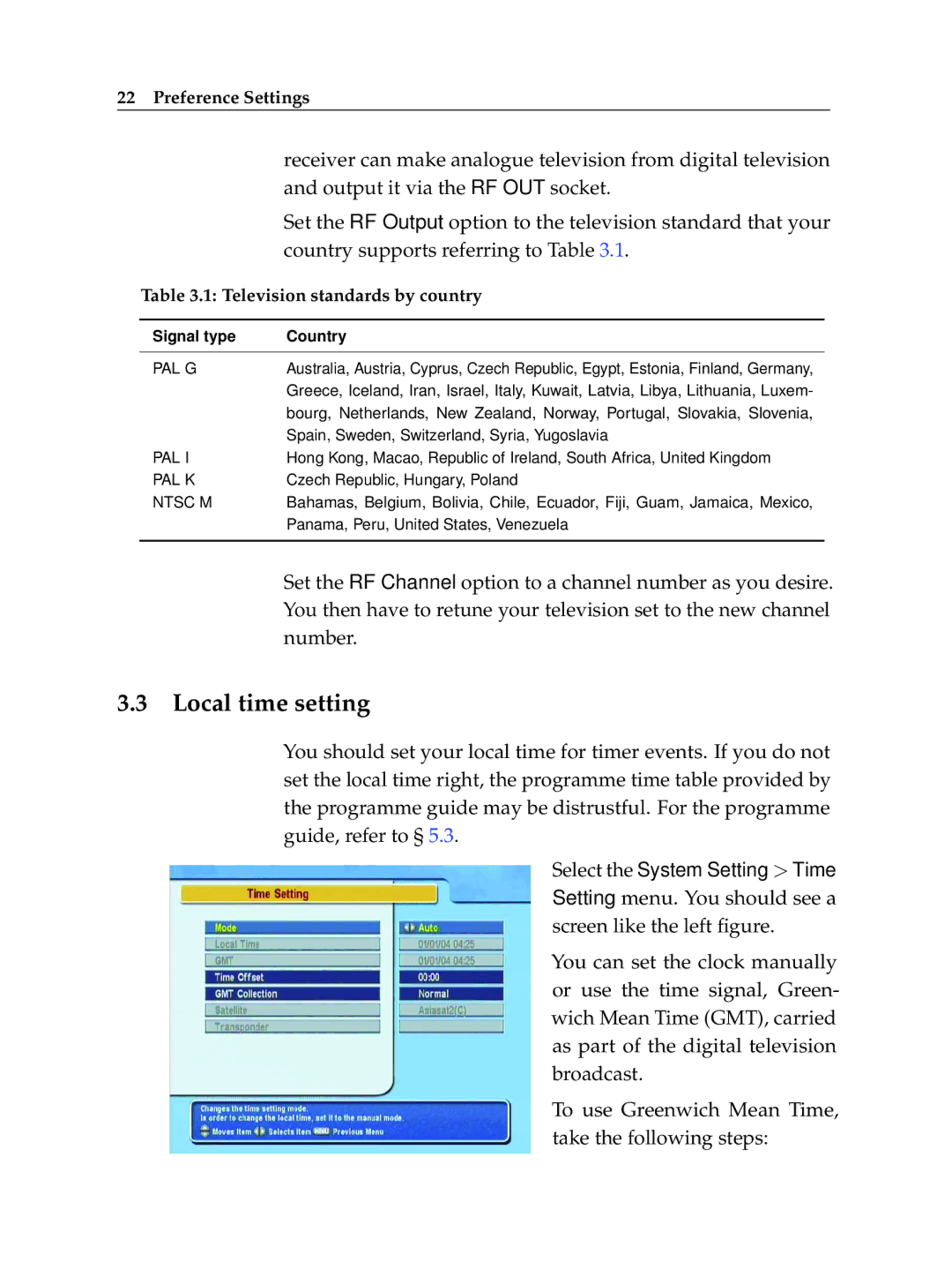 Topfield TF 5510 PVR, TF 5010 PVR manual Local time setting, Television standards by country 