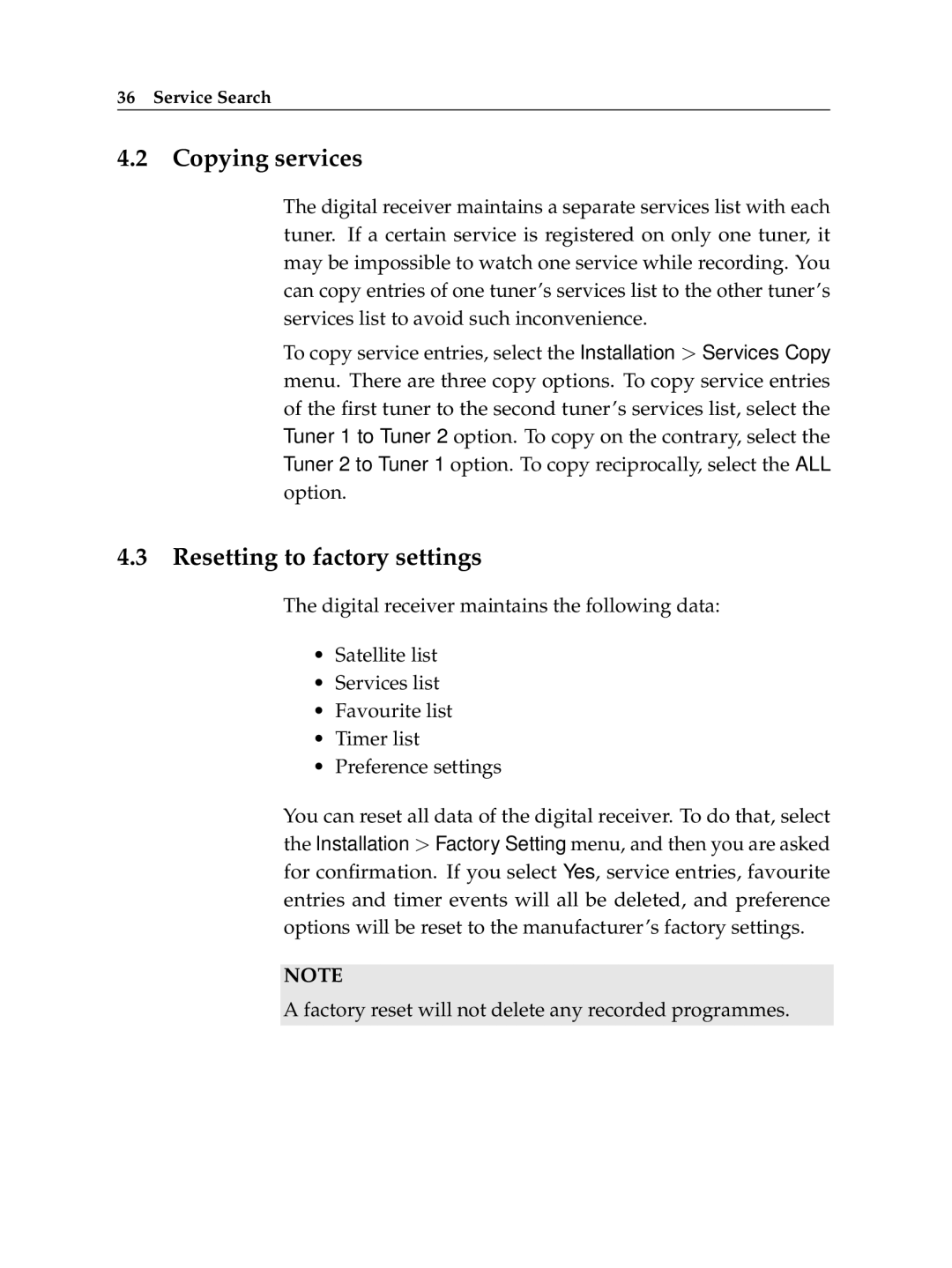 Topfield TF 5510 PVR, TF 5010 PVR manual Copying services, Resetting to factory settings 