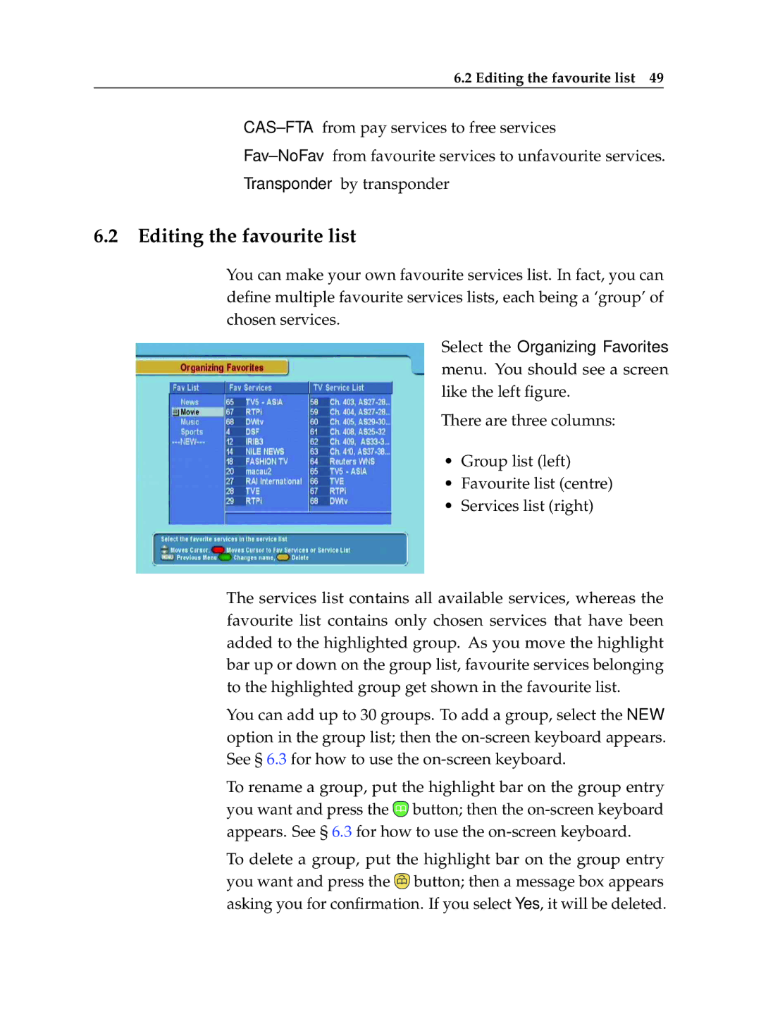 Topfield TF 5010 PVR, TF 5510 PVR manual Editing the favourite list 