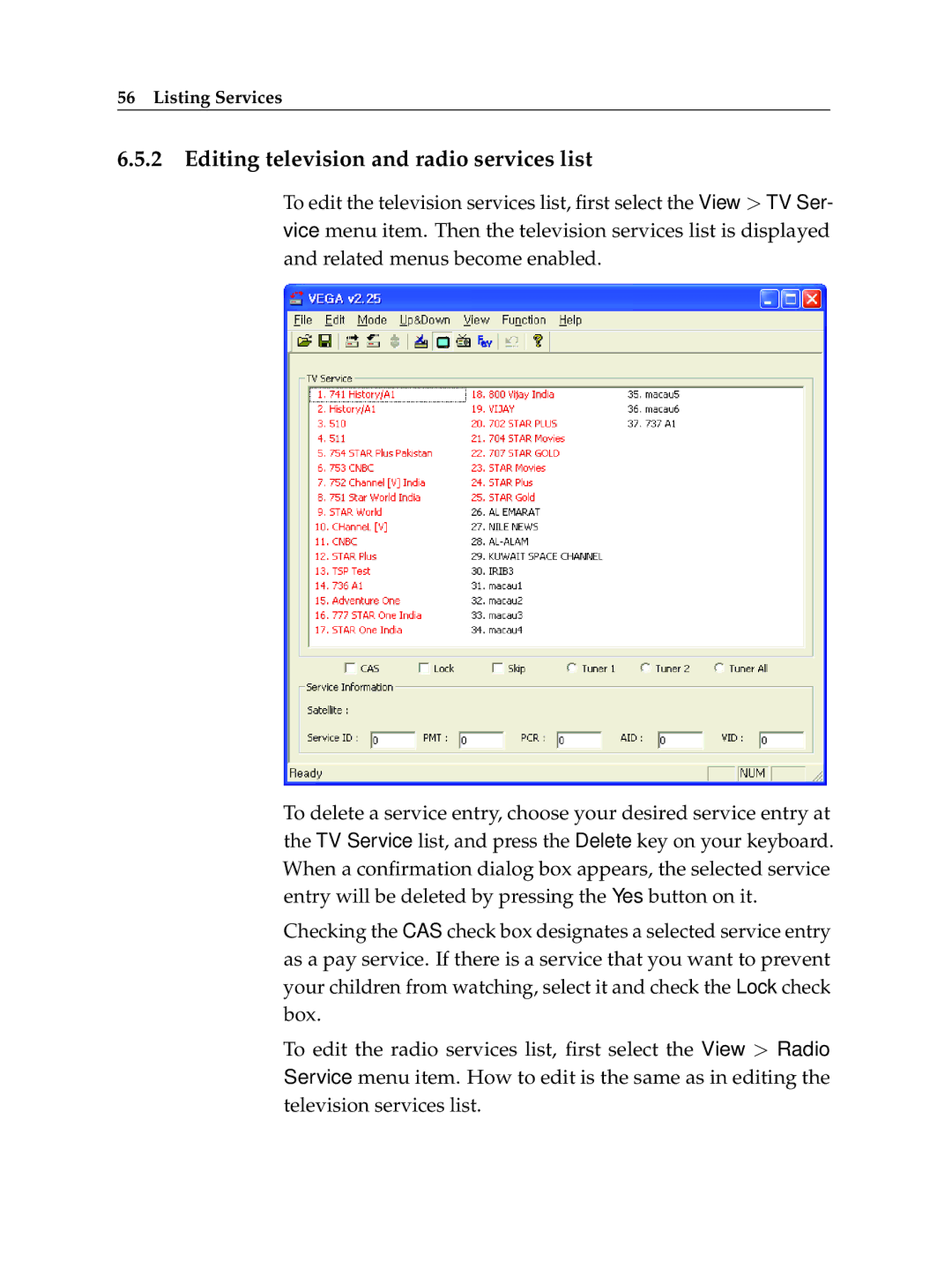 Topfield TF 5510 PVR, TF 5010 PVR manual Editing television and radio services list 